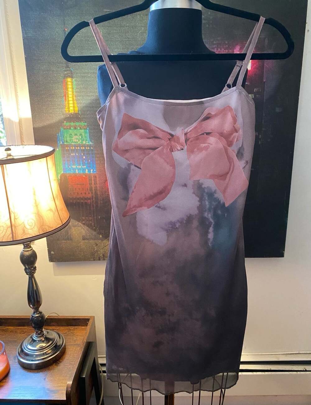 DAZY Mesh Cami Dress Brown Pink Bow Tie-Dye
